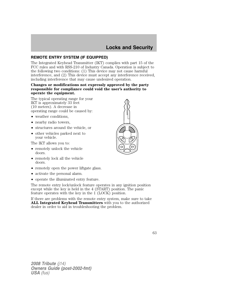 Remote entry system (if equipped), Locks and security | Mazda 2008 Tribute User Manual | Page 63 / 288