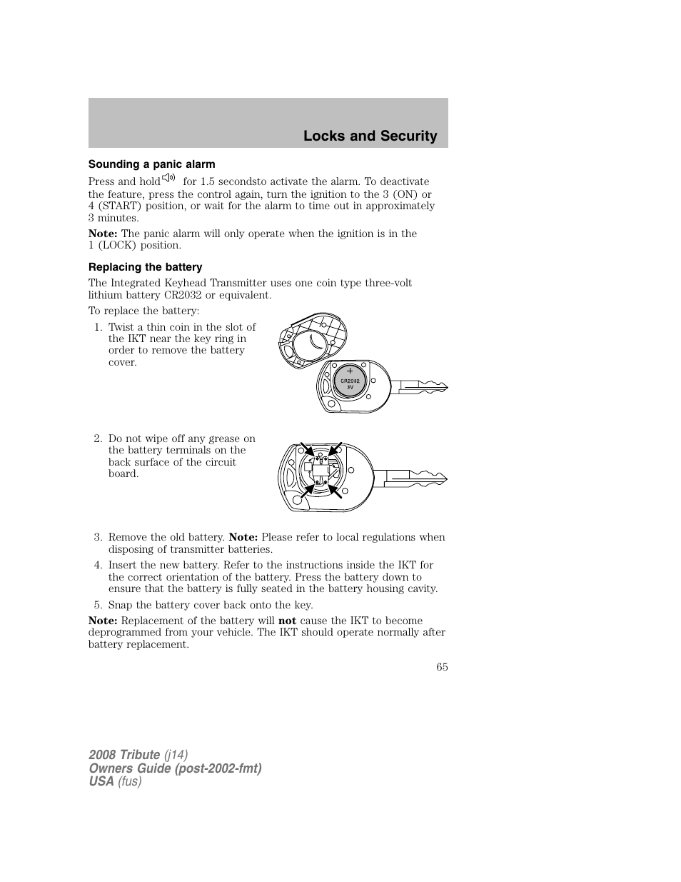 Sounding a panic alarm, Replacing the battery, Locks and security | Mazda 2008 Tribute User Manual | Page 65 / 288