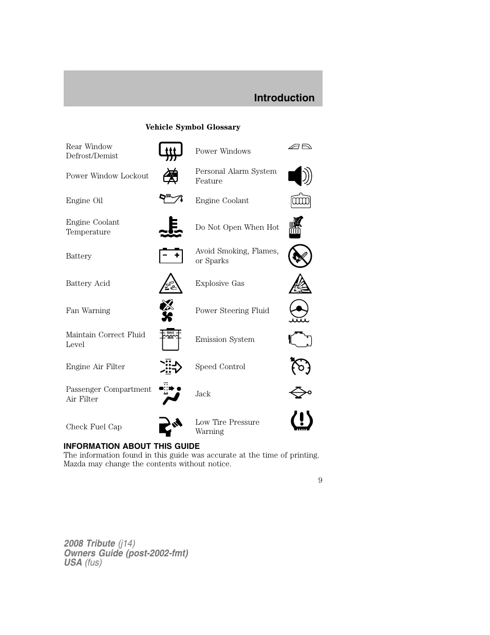 Information about this guide, Introduction | Mazda 2008 Tribute User Manual | Page 9 / 288
