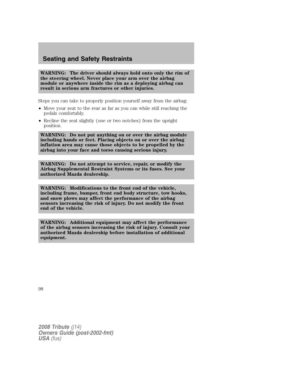 Seating and safety restraints | Mazda 2008 Tribute User Manual | Page 98 / 288