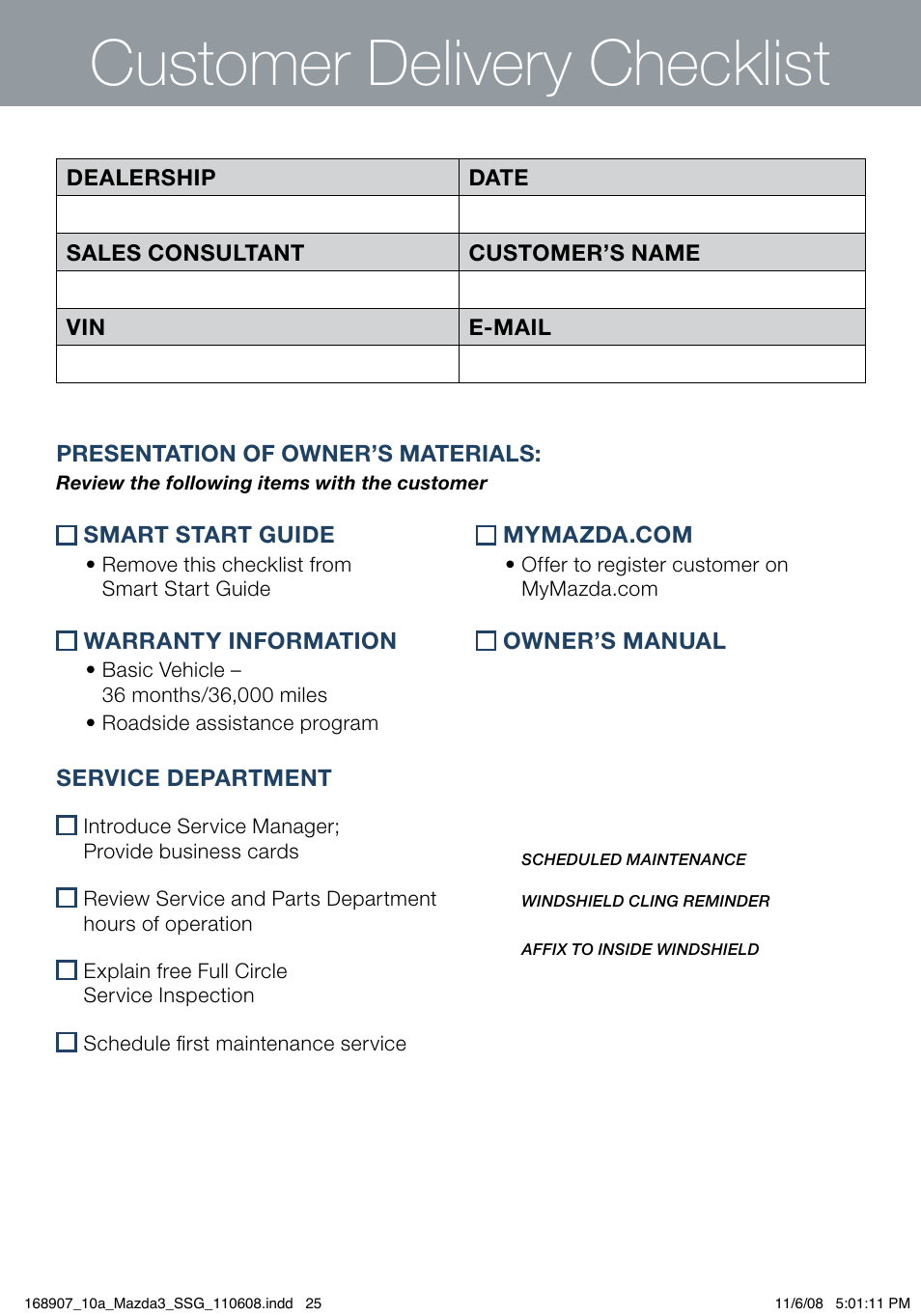 Customer delivery checklist | Mazda 2010 3 4-DOOR User Manual | Page 25 / 26