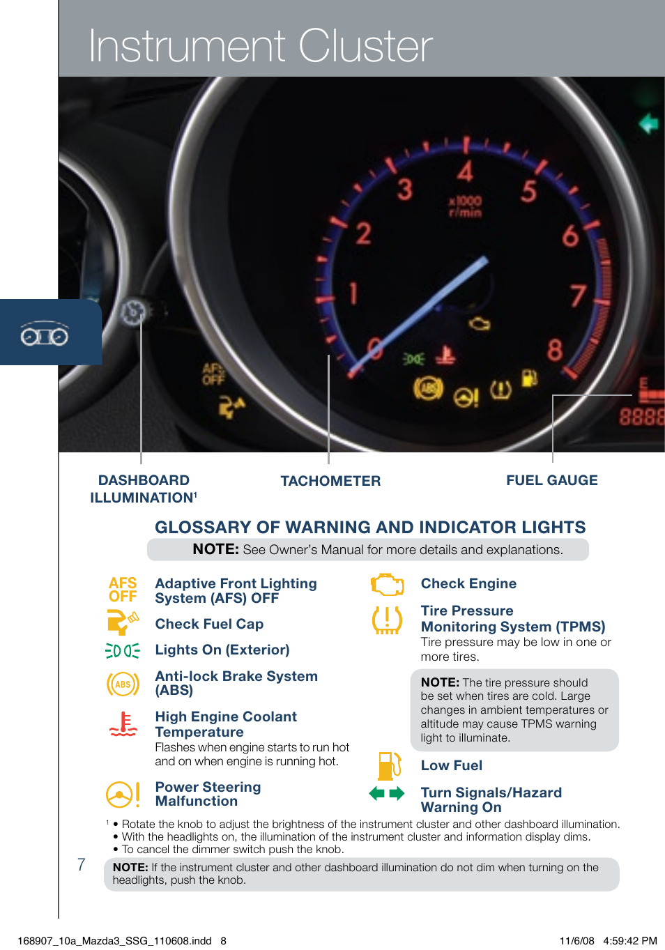 Instrument cluster, Glossary of warning and indicator lights | Mazda 2010 3 4-DOOR User Manual | Page 8 / 26