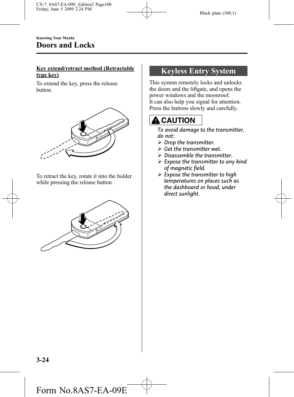 Keyless entry system, Keyless entry system -24, Form no.8as7-ea-09e | Doors and locks, Caution | Mazda 2010 CX-7 User Manual | Page 100 / 510