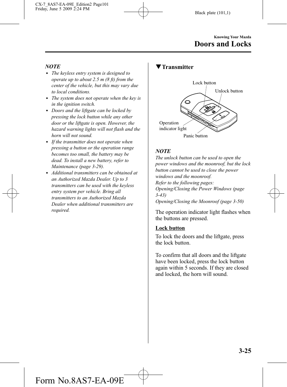 Form no.8as7-ea-09e, Doors and locks, Qtransmitter | Mazda 2010 CX-7 User Manual | Page 101 / 510