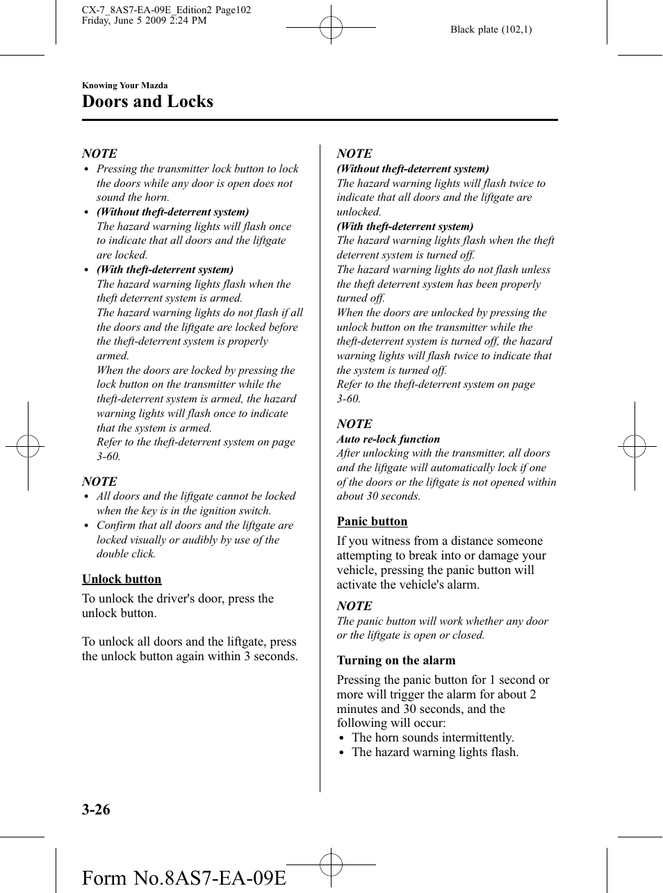 Form no.8as7-ea-09e, Doors and locks | Mazda 2010 CX-7 User Manual | Page 102 / 510