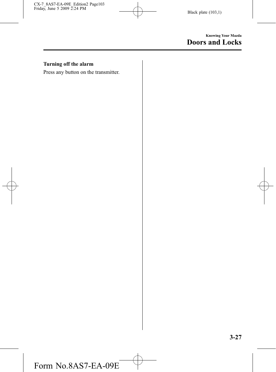 Form no.8as7-ea-09e, Doors and locks | Mazda 2010 CX-7 User Manual | Page 103 / 510