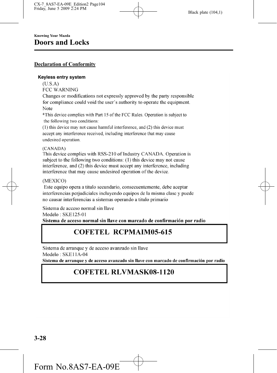 Form no.8as7-ea-09e, Doors and locks | Mazda 2010 CX-7 User Manual | Page 104 / 510