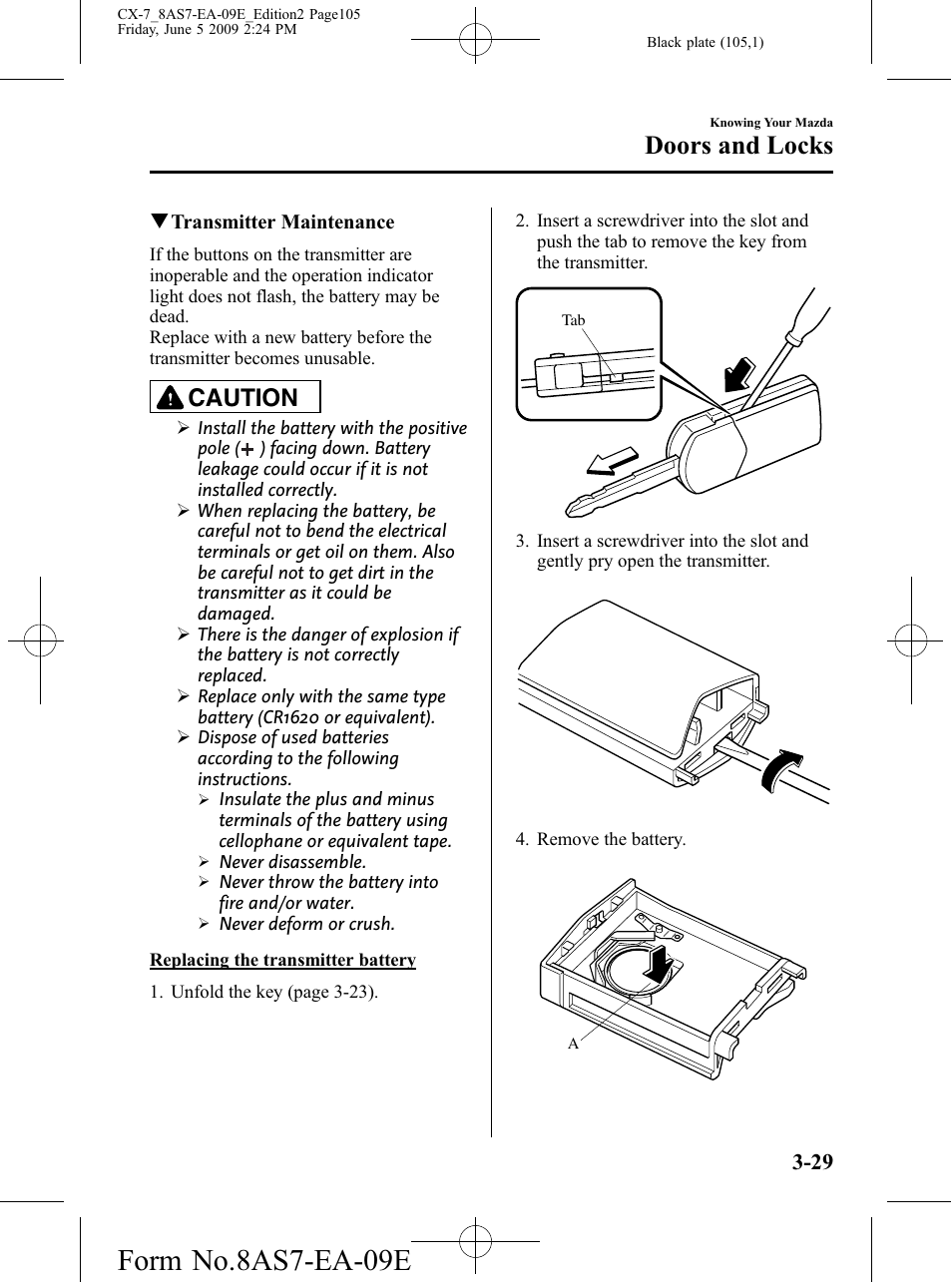 Form no.8as7-ea-09e, Doors and locks, Caution | Mazda 2010 CX-7 User Manual | Page 105 / 510