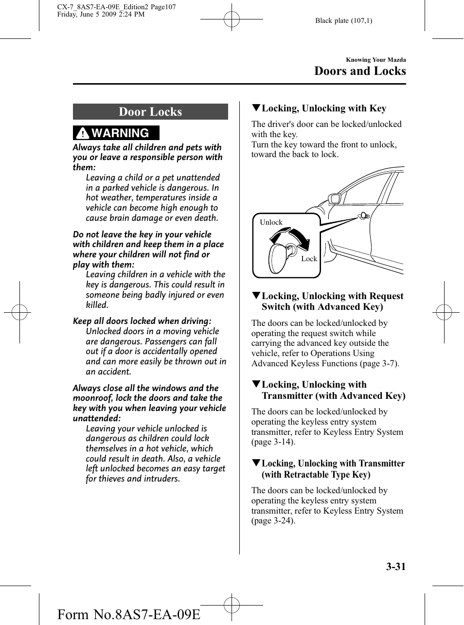 Door locks, Door locks -31, Form no.8as7-ea-09e | Doors and locks, Warning | Mazda 2010 CX-7 User Manual | Page 107 / 510