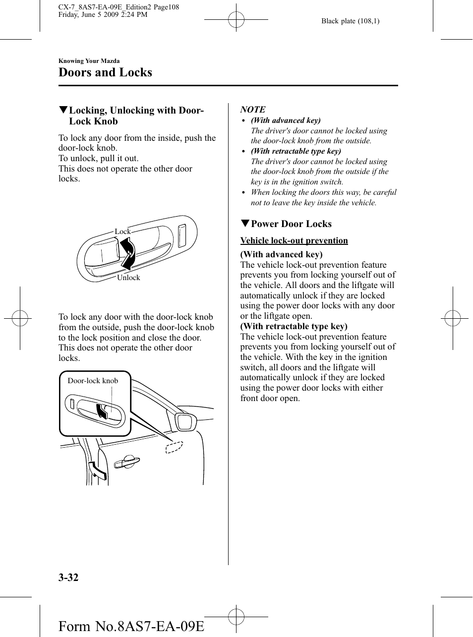 Form no.8as7-ea-09e, Doors and locks | Mazda 2010 CX-7 User Manual | Page 108 / 510