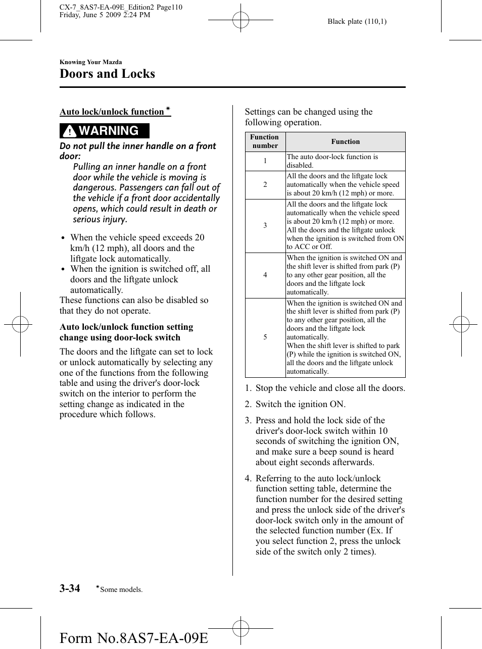 Form no.8as7-ea-09e, Doors and locks, Warning | Mazda 2010 CX-7 User Manual | Page 110 / 510