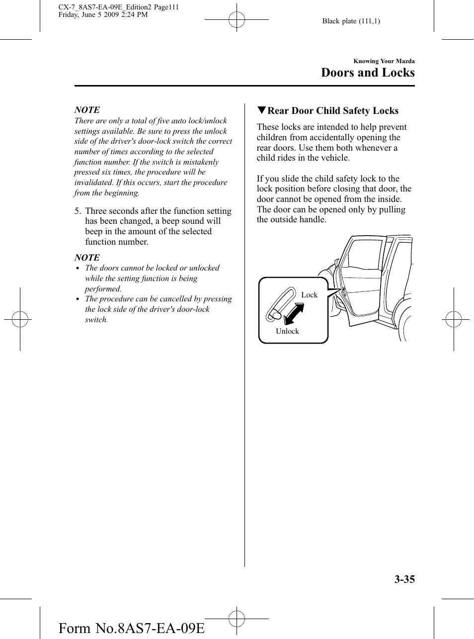 Form no.8as7-ea-09e, Doors and locks | Mazda 2010 CX-7 User Manual | Page 111 / 510