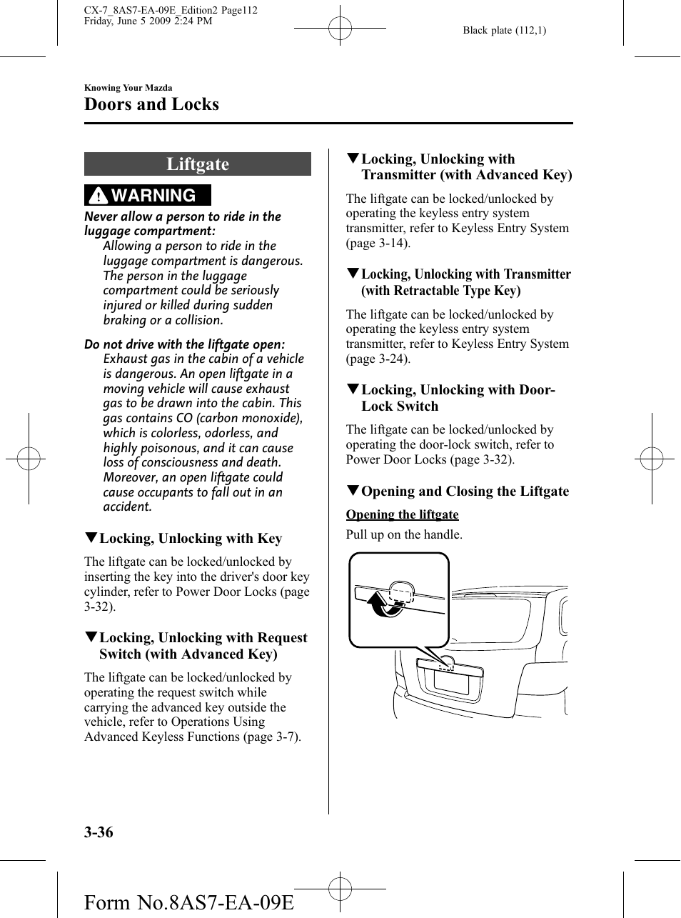 Liftgate, Liftgate -36, Form no.8as7-ea-09e | Doors and locks, Warning | Mazda 2010 CX-7 User Manual | Page 112 / 510