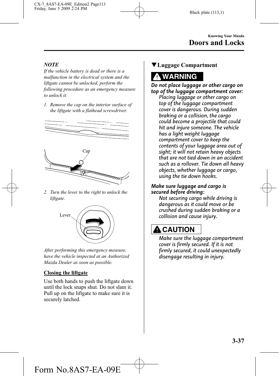Form no.8as7-ea-09e, Doors and locks, Warning | Caution | Mazda 2010 CX-7 User Manual | Page 113 / 510