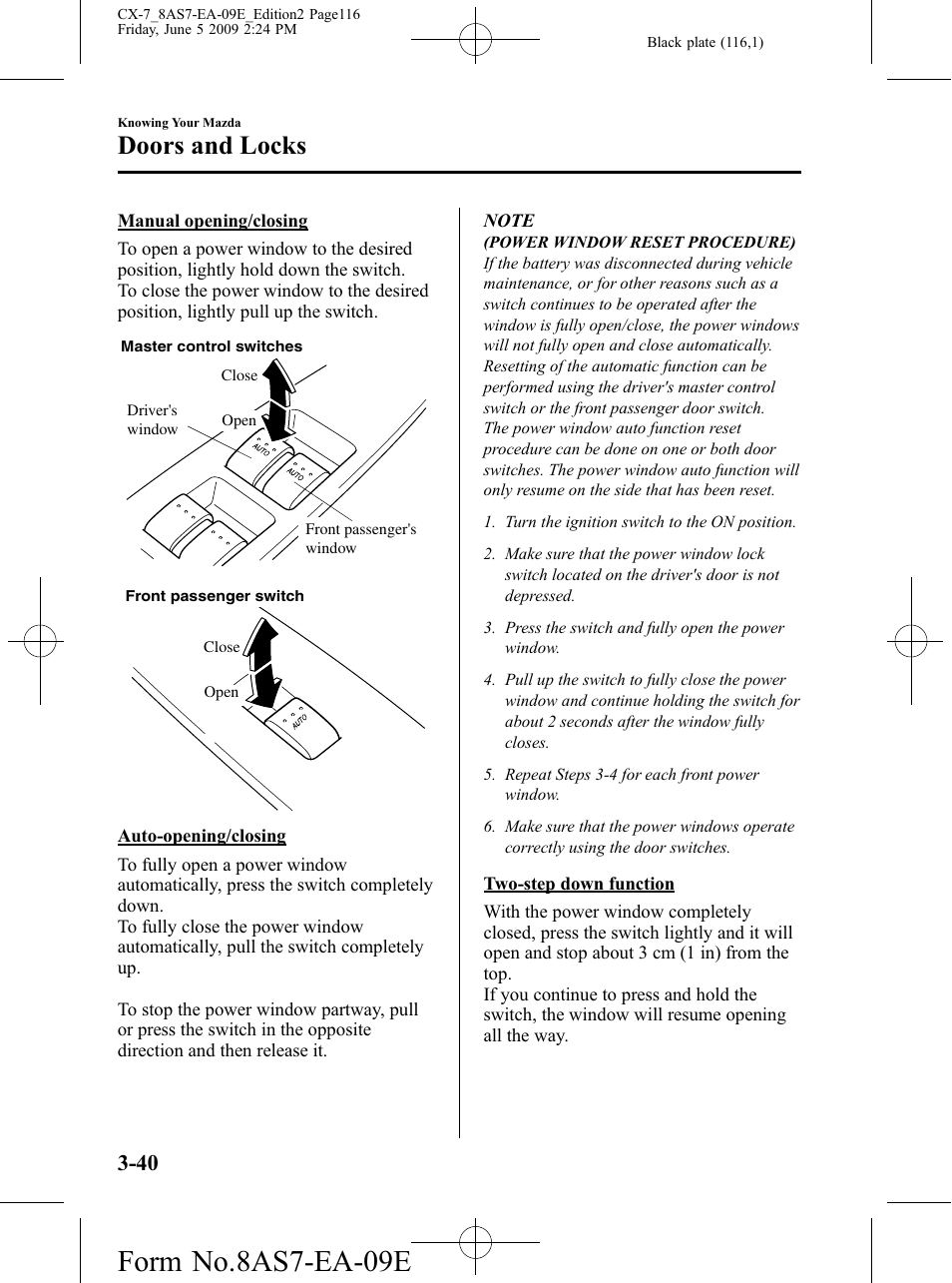 Form no.8as7-ea-09e, Doors and locks | Mazda 2010 CX-7 User Manual | Page 116 / 510