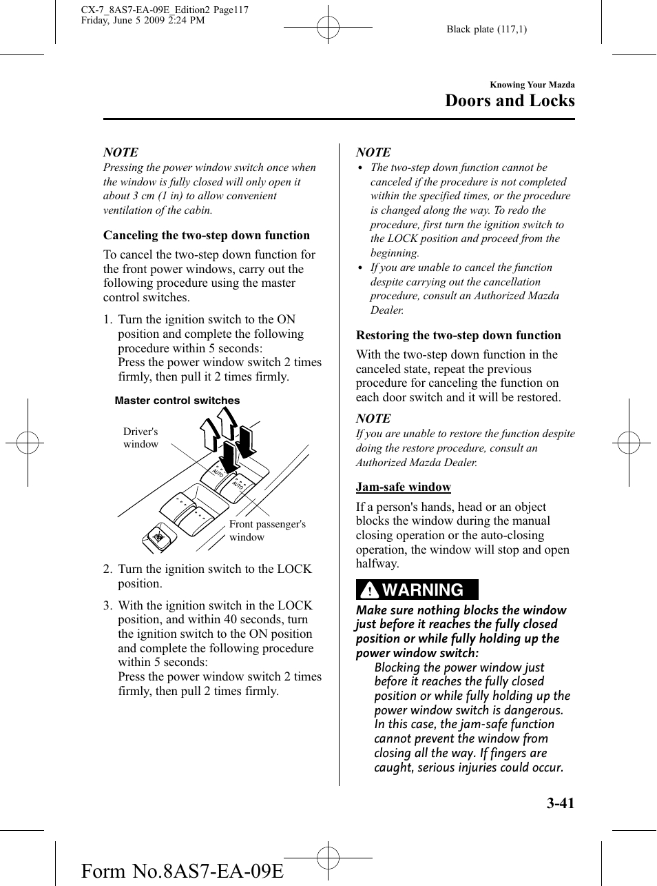 Form no.8as7-ea-09e, Doors and locks, Warning | Mazda 2010 CX-7 User Manual | Page 117 / 510