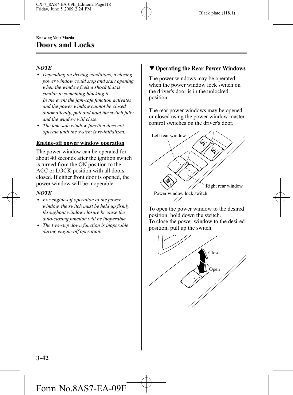 Form no.8as7-ea-09e, Doors and locks, Qoperating the rear power windows | Mazda 2010 CX-7 User Manual | Page 118 / 510