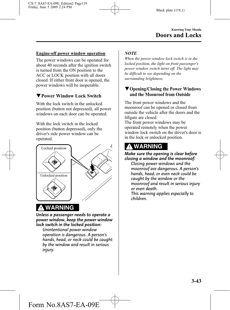 Form no.8as7-ea-09e, Doors and locks, Warning | Mazda 2010 CX-7 User Manual | Page 119 / 510