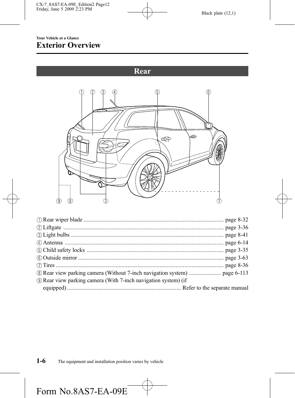 Rear, Rear -6, Form no.8as7-ea-09e | Exterior overview | Mazda 2010 CX-7 User Manual | Page 12 / 510