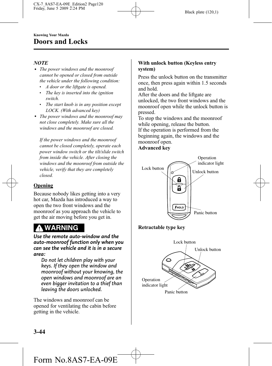 Form no.8as7-ea-09e, Doors and locks, Warning | Mazda 2010 CX-7 User Manual | Page 120 / 510