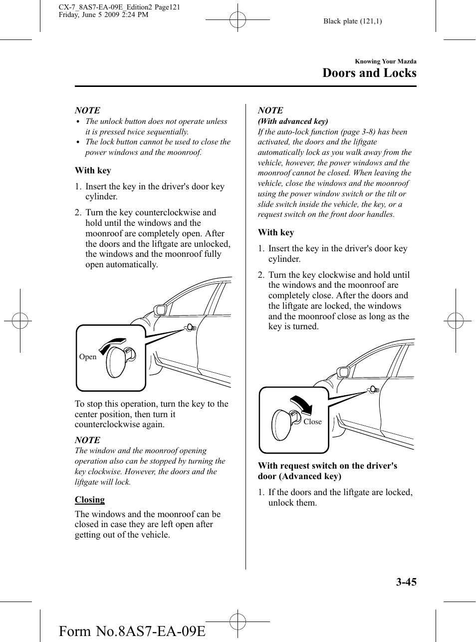Form no.8as7-ea-09e, Doors and locks | Mazda 2010 CX-7 User Manual | Page 121 / 510
