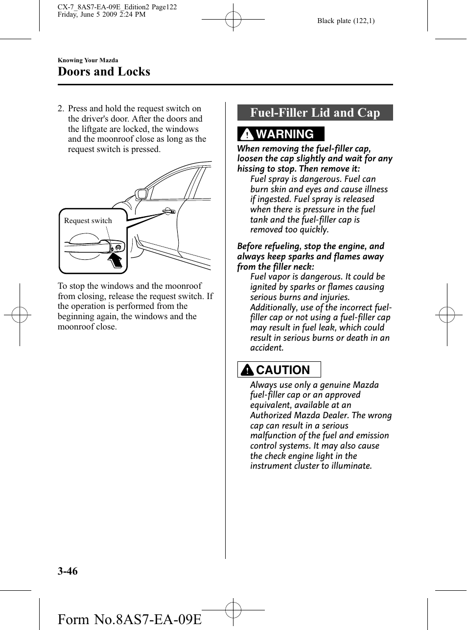 Fuel-filler lid and cap, Fuel-filler lid and cap -46, Form no.8as7-ea-09e | Doors and locks, Warning, Caution | Mazda 2010 CX-7 User Manual | Page 122 / 510