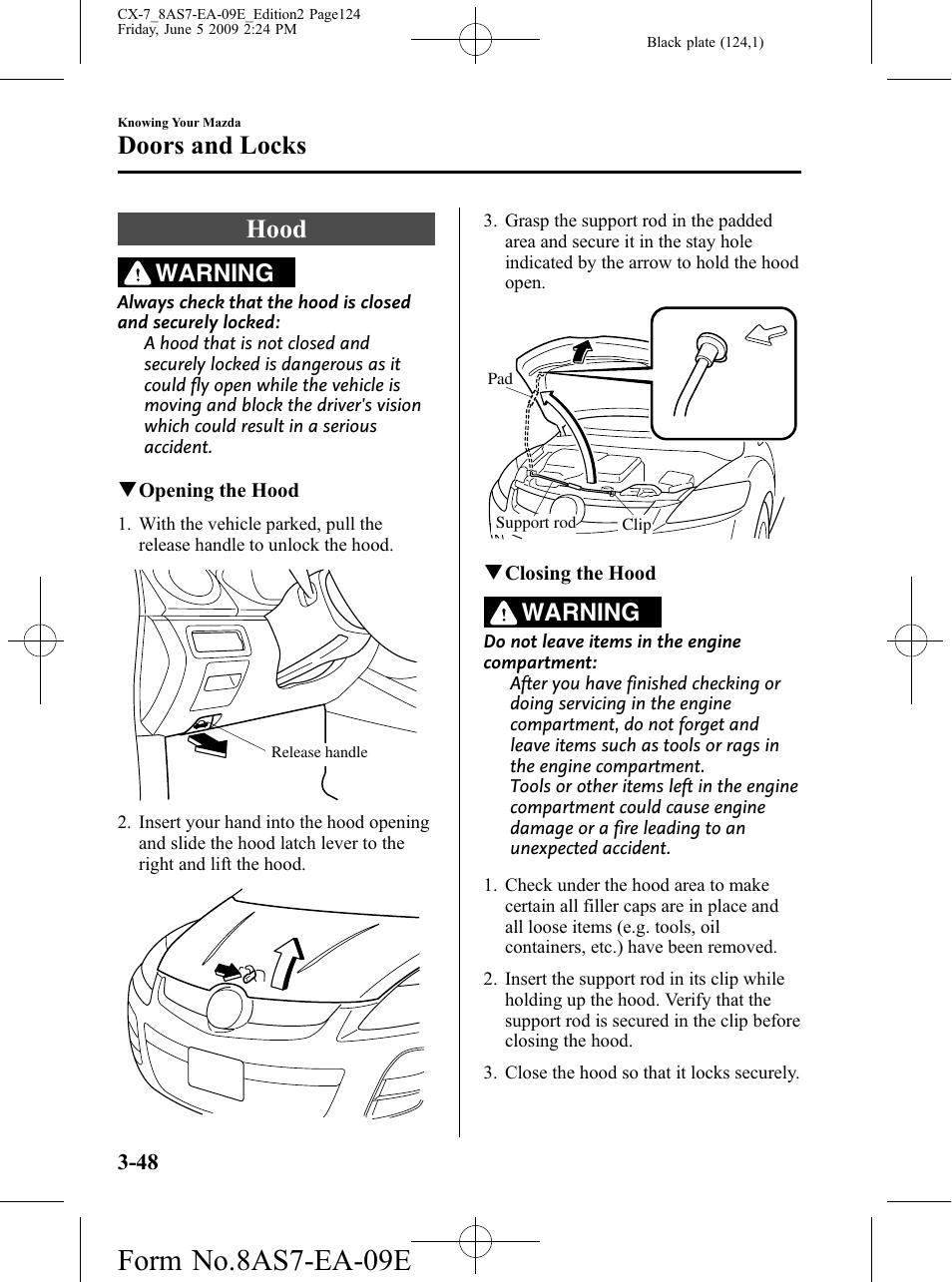 Hood, Hood -48, Form no.8as7-ea-09e | Doors and locks, Warning | Mazda 2010 CX-7 User Manual | Page 124 / 510
