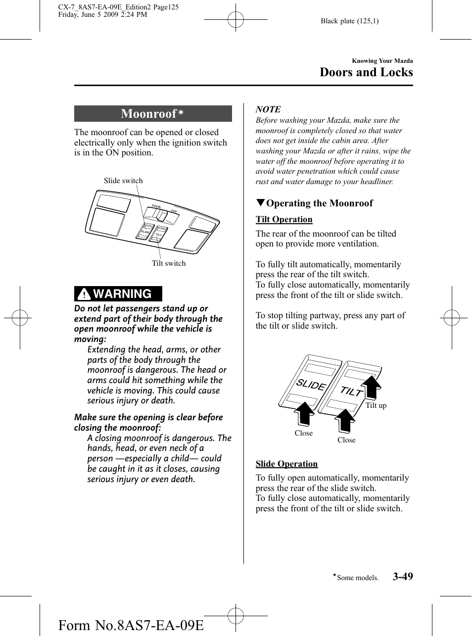Moonroof, Form no.8as7-ea-09e, Doors and locks | Warning | Mazda 2010 CX-7 User Manual | Page 125 / 510