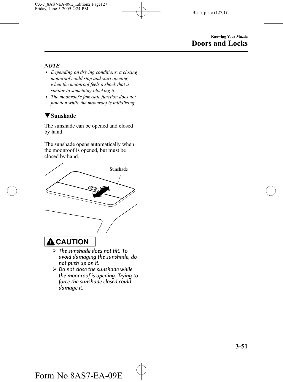 Form no.8as7-ea-09e, Doors and locks, Caution | Mazda 2010 CX-7 User Manual | Page 127 / 510