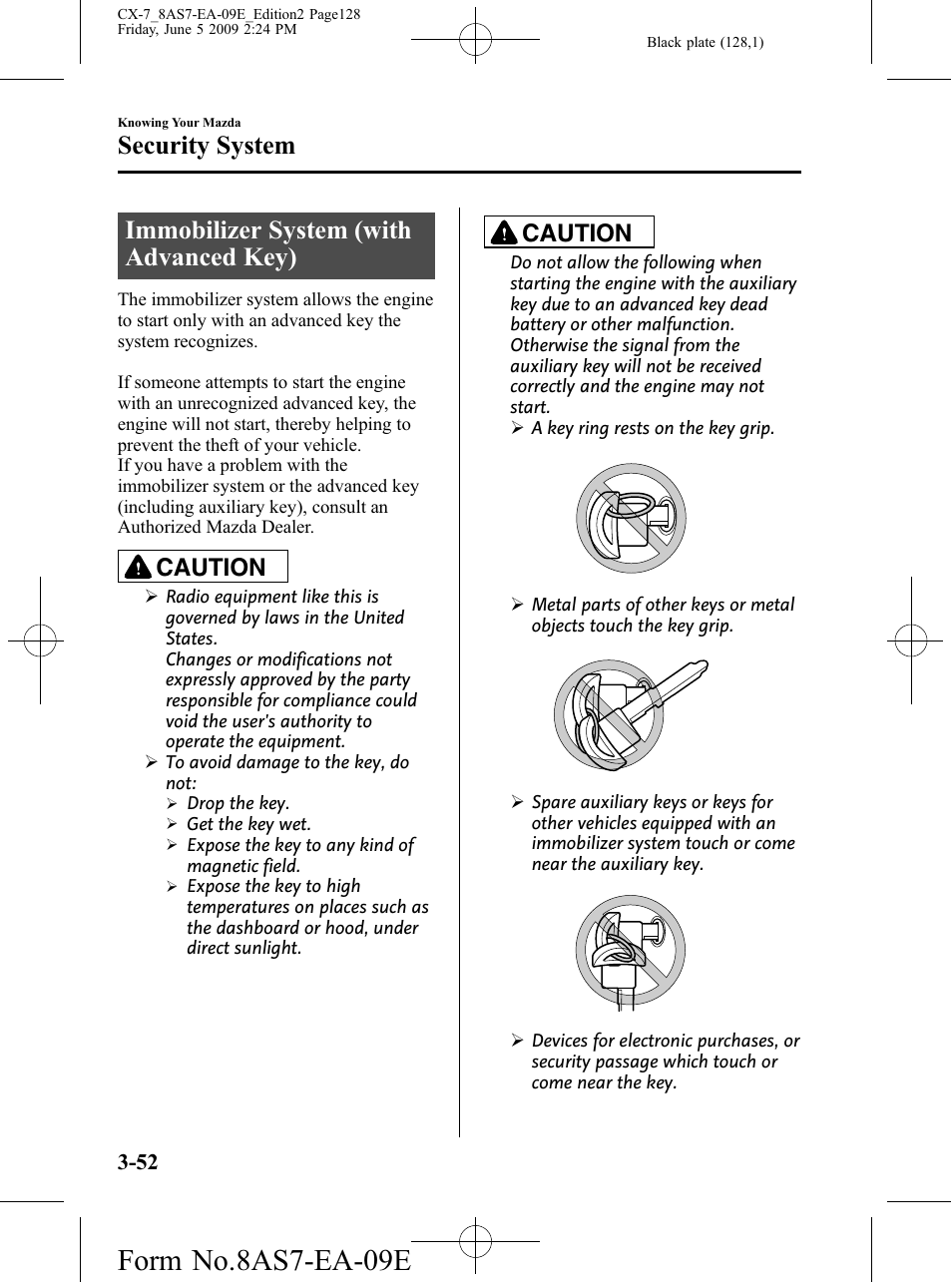 Security system, Immobilizer system (with advanced key), Security system -52 | Immobilizer system (with advanced key) -52, Form no.8as7-ea-09e, Caution | Mazda 2010 CX-7 User Manual | Page 128 / 510