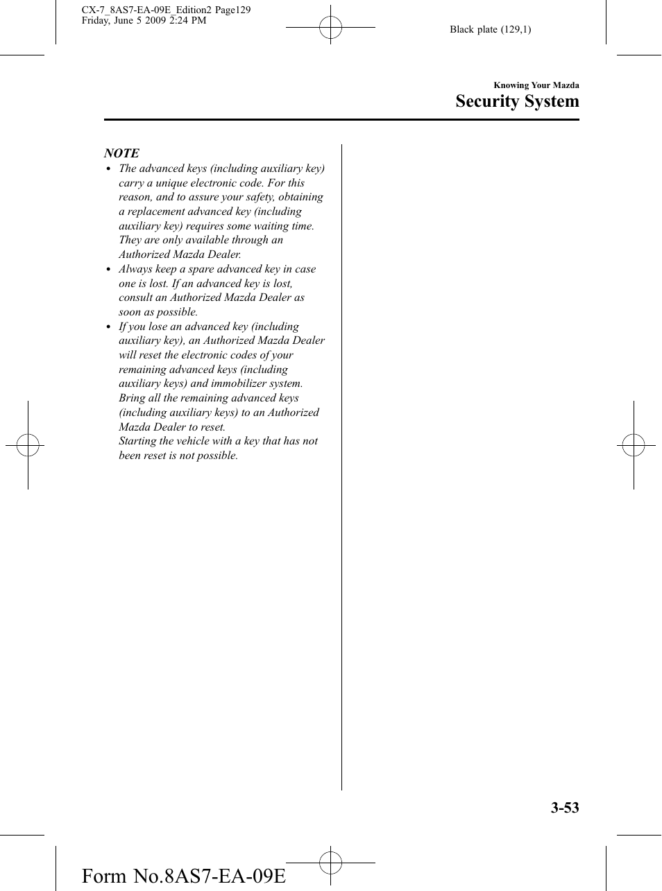 Form no.8as7-ea-09e, Security system | Mazda 2010 CX-7 User Manual | Page 129 / 510