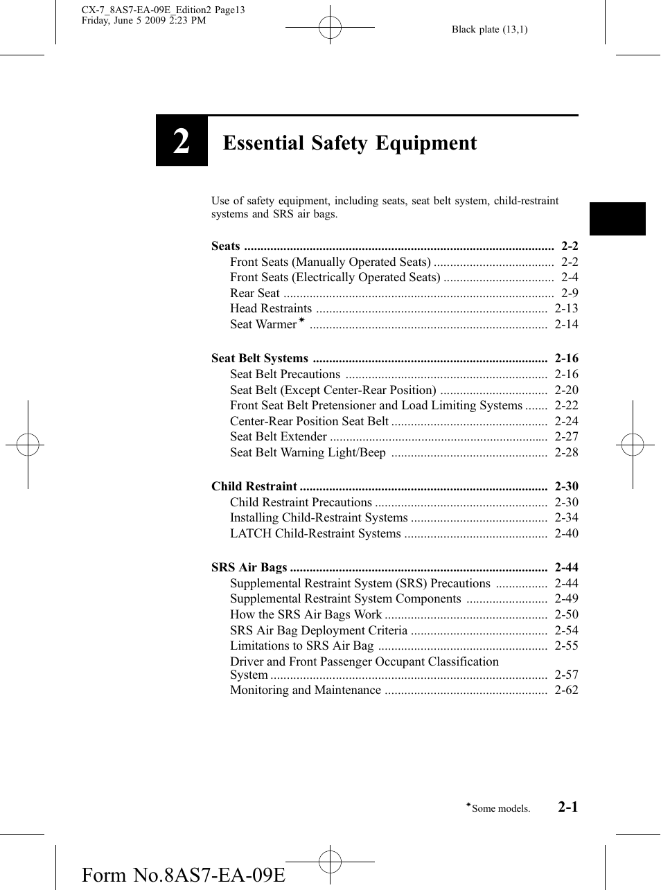 Essential safety equipment, Form no.8as7-ea-09e | Mazda 2010 CX-7 User Manual | Page 13 / 510