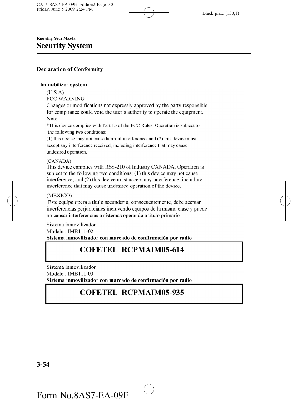 Form no.8as7-ea-09e, Security system | Mazda 2010 CX-7 User Manual | Page 130 / 510