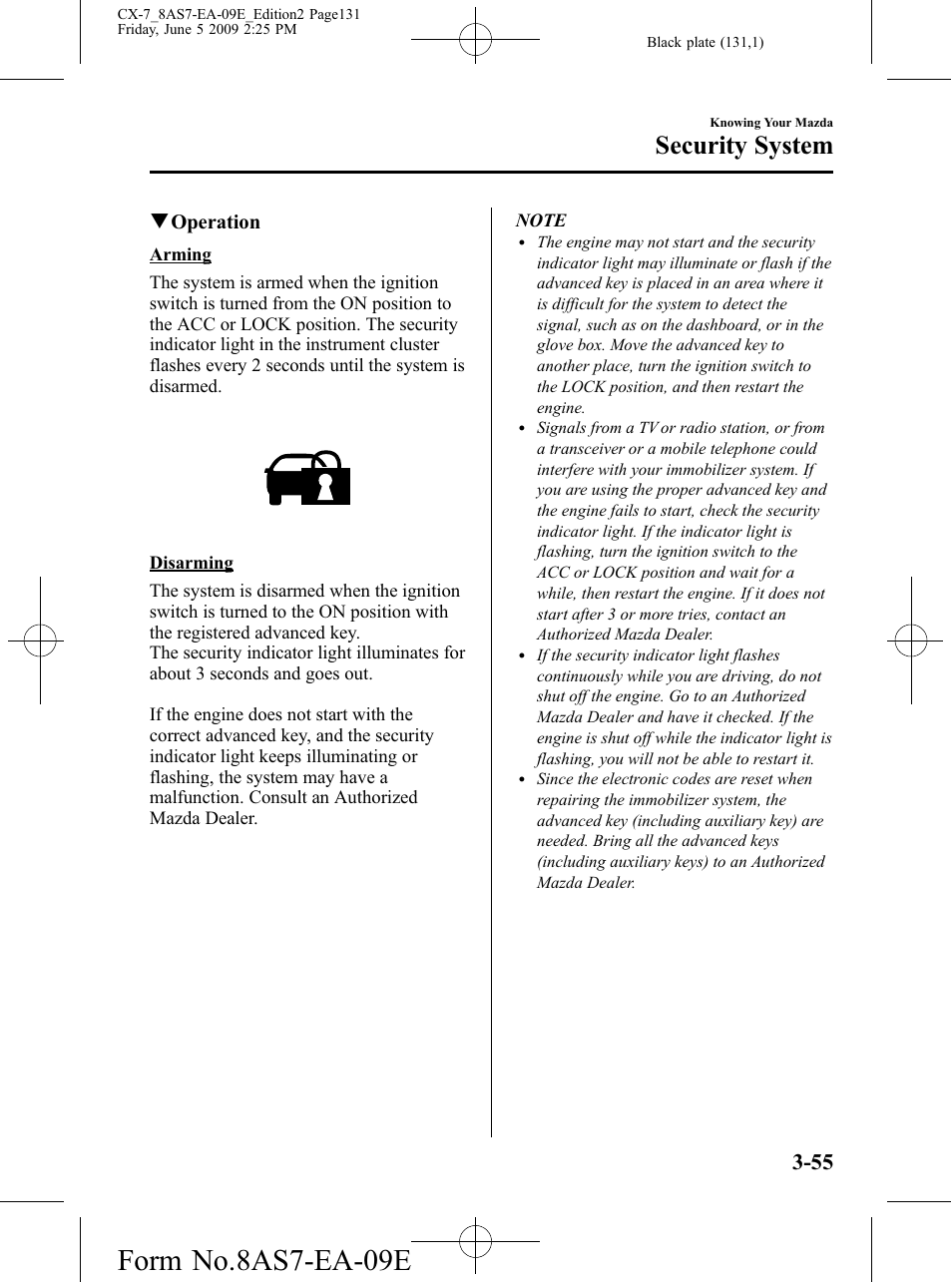 Form no.8as7-ea-09e, Security system, Qoperation | Mazda 2010 CX-7 User Manual | Page 131 / 510