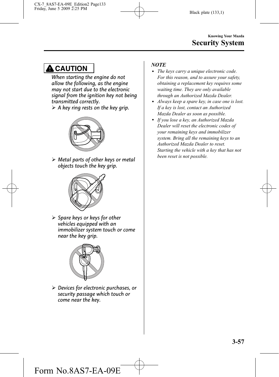 Form no.8as7-ea-09e, Security system, Caution | Mazda 2010 CX-7 User Manual | Page 133 / 510