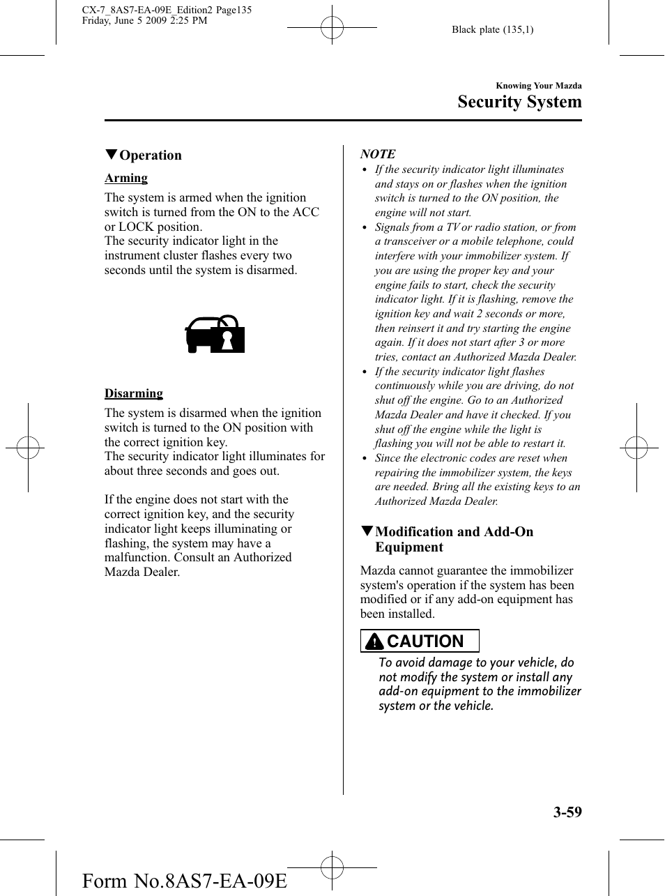 Form no.8as7-ea-09e, Security system, Caution | Mazda 2010 CX-7 User Manual | Page 135 / 510