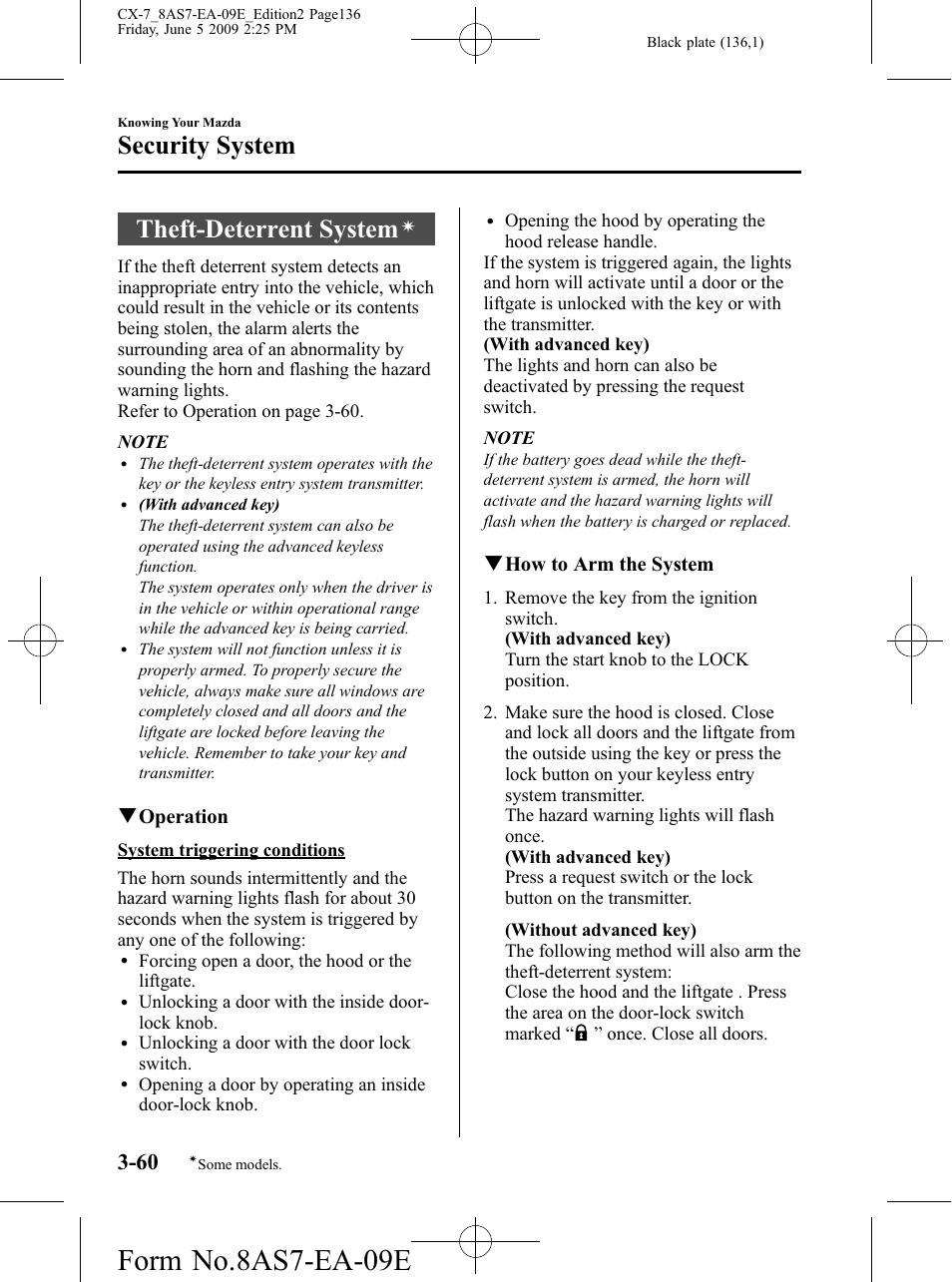 Theft-deterrent system, Form no.8as7-ea-09e, Security system | Qoperation, Qhow to arm the system | Mazda 2010 CX-7 User Manual | Page 136 / 510