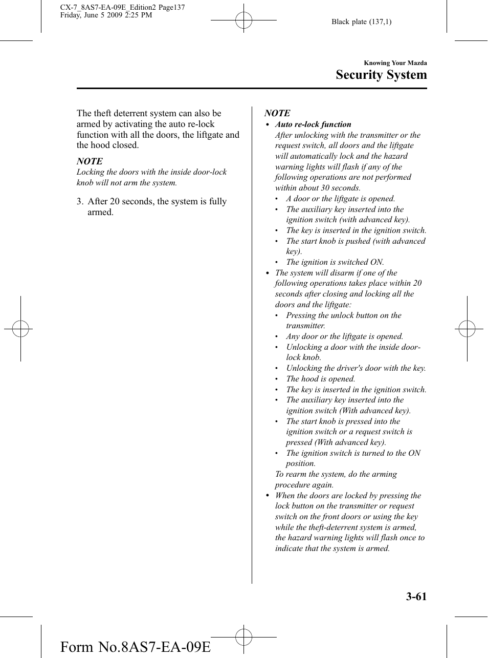 Form no.8as7-ea-09e, Security system | Mazda 2010 CX-7 User Manual | Page 137 / 510