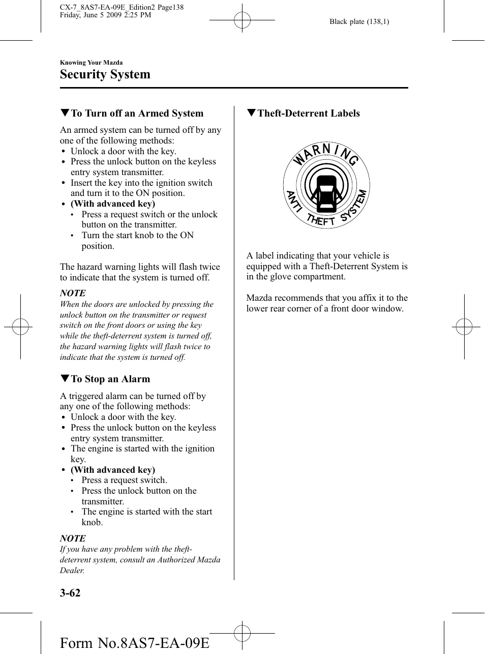 Form no.8as7-ea-09e, Security system, Qto turn off an armed system | Qto stop an alarm, Qtheft-deterrent labels | Mazda 2010 CX-7 User Manual | Page 138 / 510