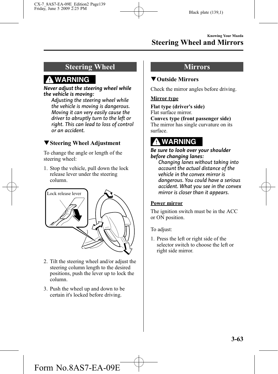 Steering wheel and mirrors, Steering wheel, Mirrors | Steering wheel and mirrors -63, Steering wheel -63 mirrors -63, Form no.8as7-ea-09e, Warning | Mazda 2010 CX-7 User Manual | Page 139 / 510