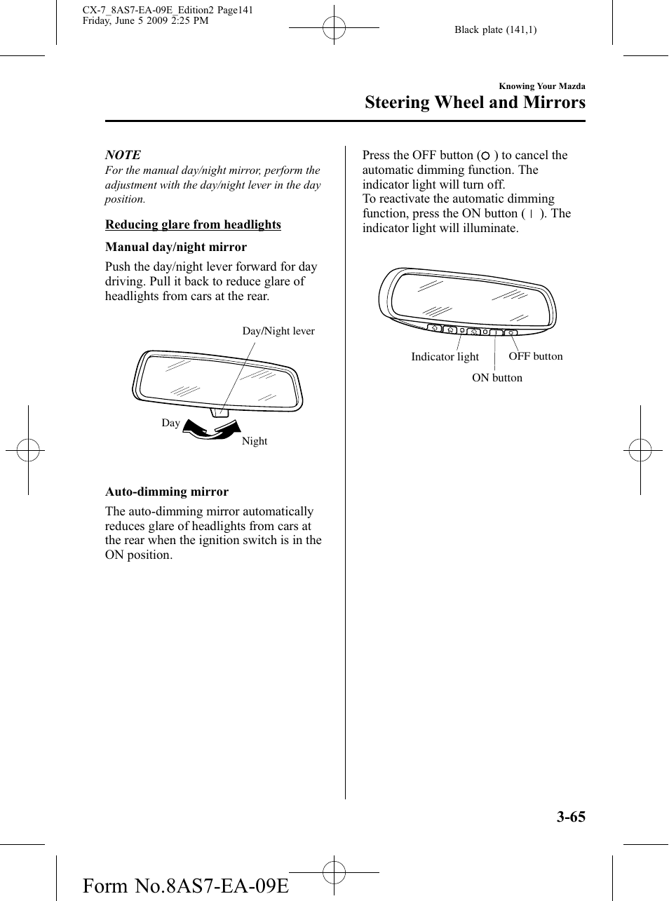 Form no.8as7-ea-09e, Steering wheel and mirrors | Mazda 2010 CX-7 User Manual | Page 141 / 510