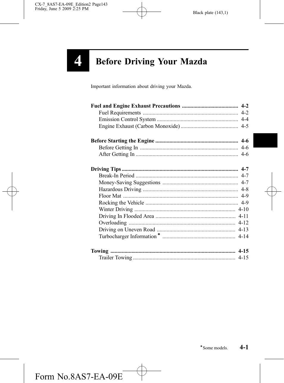 Before driving your mazda, Important information about driving your mazda, Form no.8as7-ea-09e | Mazda 2010 CX-7 User Manual | Page 143 / 510