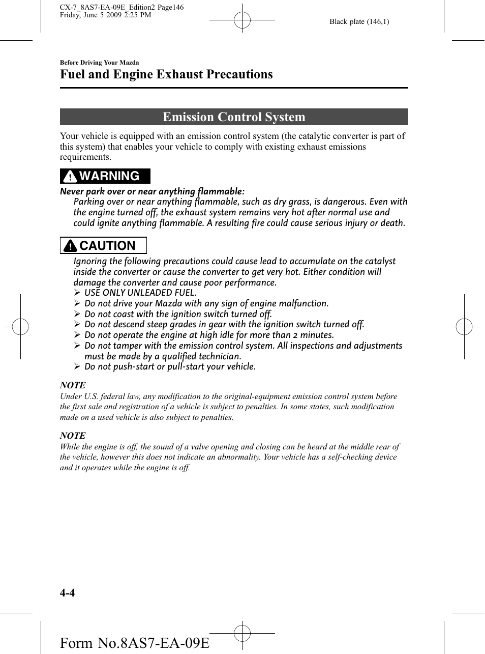 Emission control system, Emission control system -4, Form no.8as7-ea-09e | Fuel and engine exhaust precautions, Warning, Caution | Mazda 2010 CX-7 User Manual | Page 146 / 510