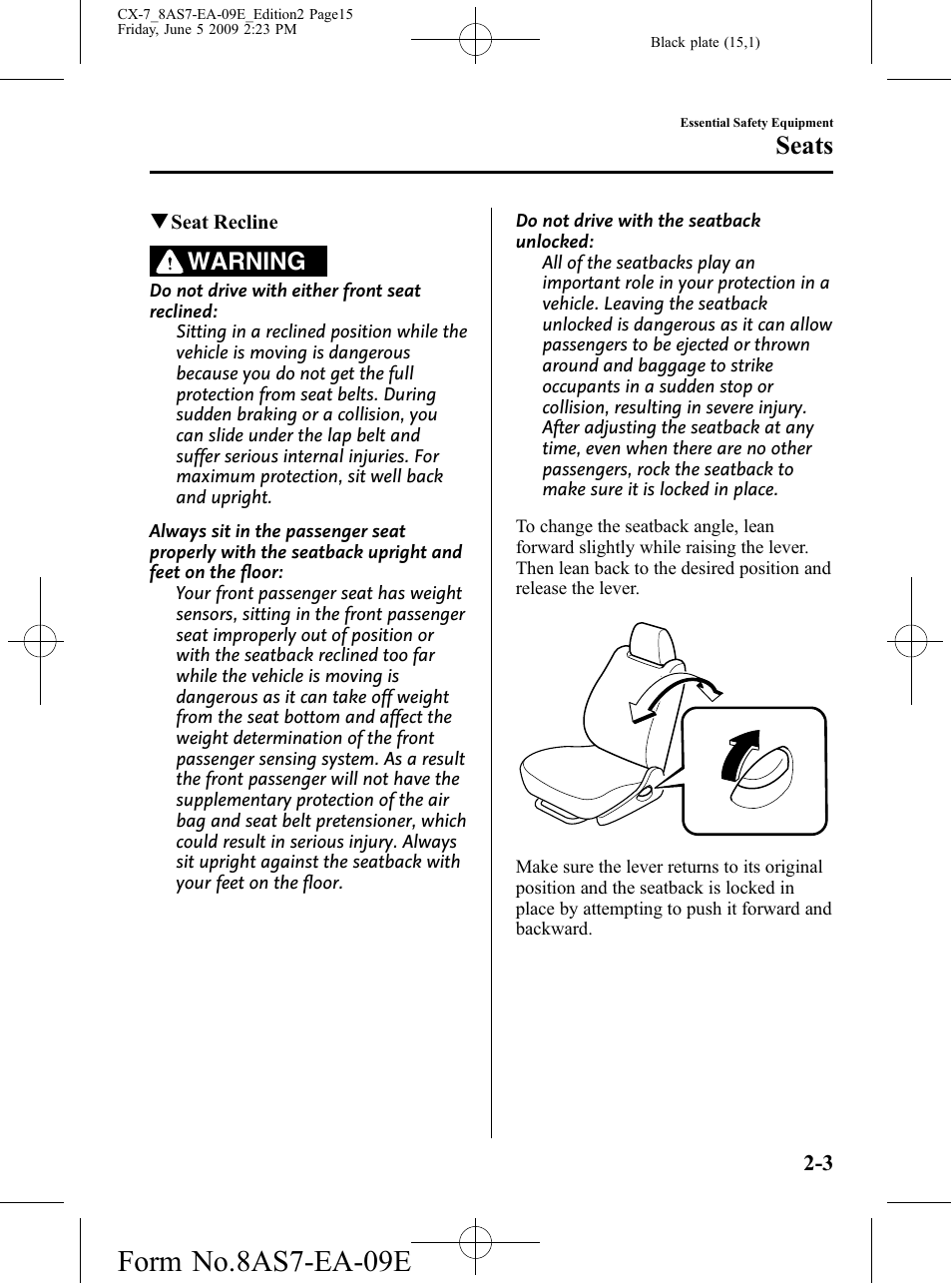 Form no.8as7-ea-09e, Seats, Warning | Mazda 2010 CX-7 User Manual | Page 15 / 510