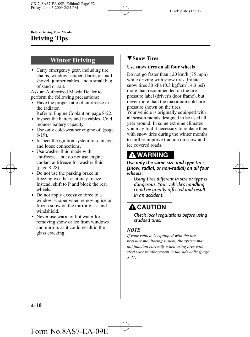 Winter driving, Winter driving -10, Form no.8as7-ea-09e | Driving tips, Warning, Caution | Mazda 2010 CX-7 User Manual | Page 152 / 510