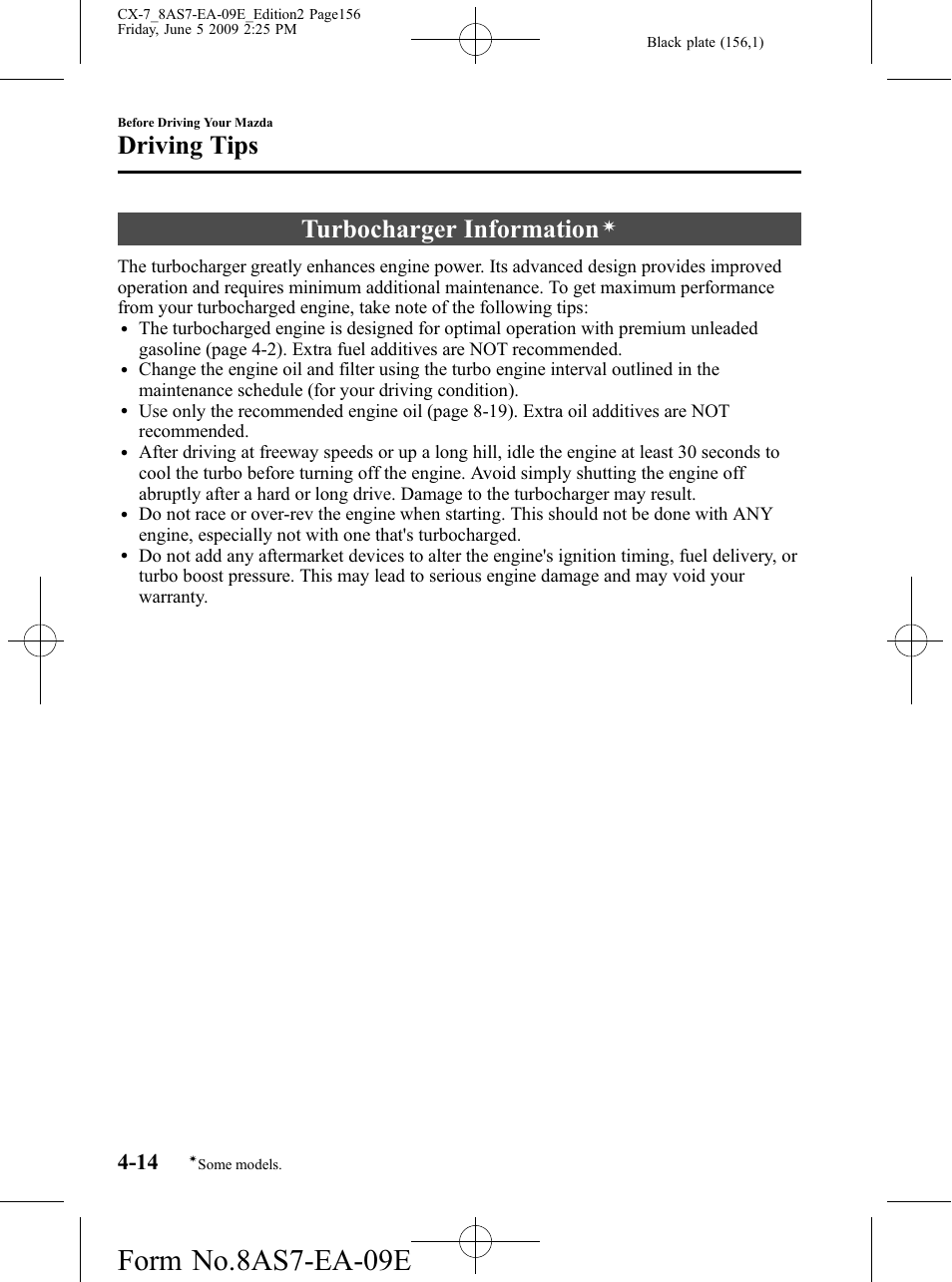 Turbocharger information, Form no.8as7-ea-09e, Driving tips | Mazda 2010 CX-7 User Manual | Page 156 / 510