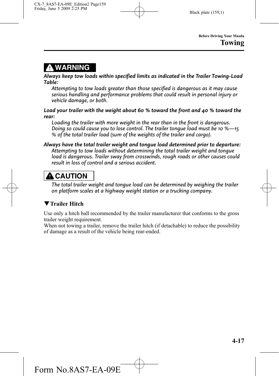 Form no.8as7-ea-09e, Towing, Warning | Caution | Mazda 2010 CX-7 User Manual | Page 159 / 510