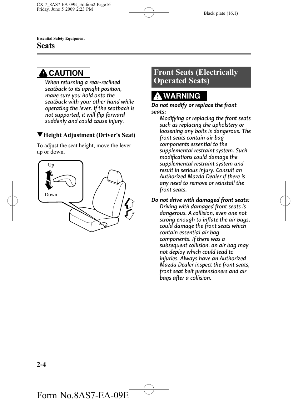 Front seats (electrically operated seats), Front seats (electrically operated seats) -4, Form no.8as7-ea-09e | Seats, Caution, Warning | Mazda 2010 CX-7 User Manual | Page 16 / 510