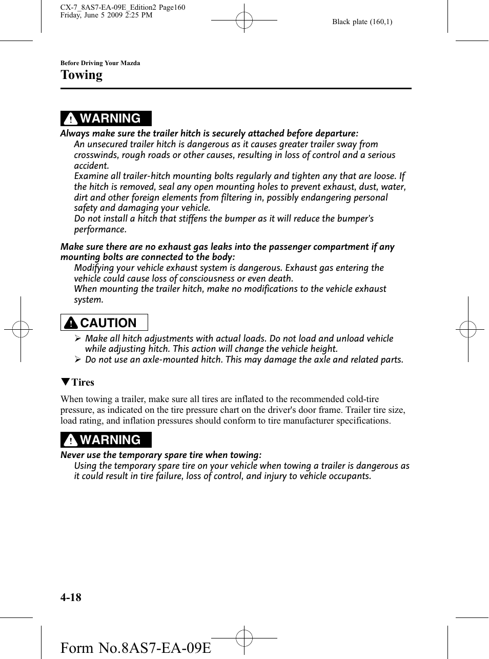 Form no.8as7-ea-09e, Towing, Warning | Caution | Mazda 2010 CX-7 User Manual | Page 160 / 510