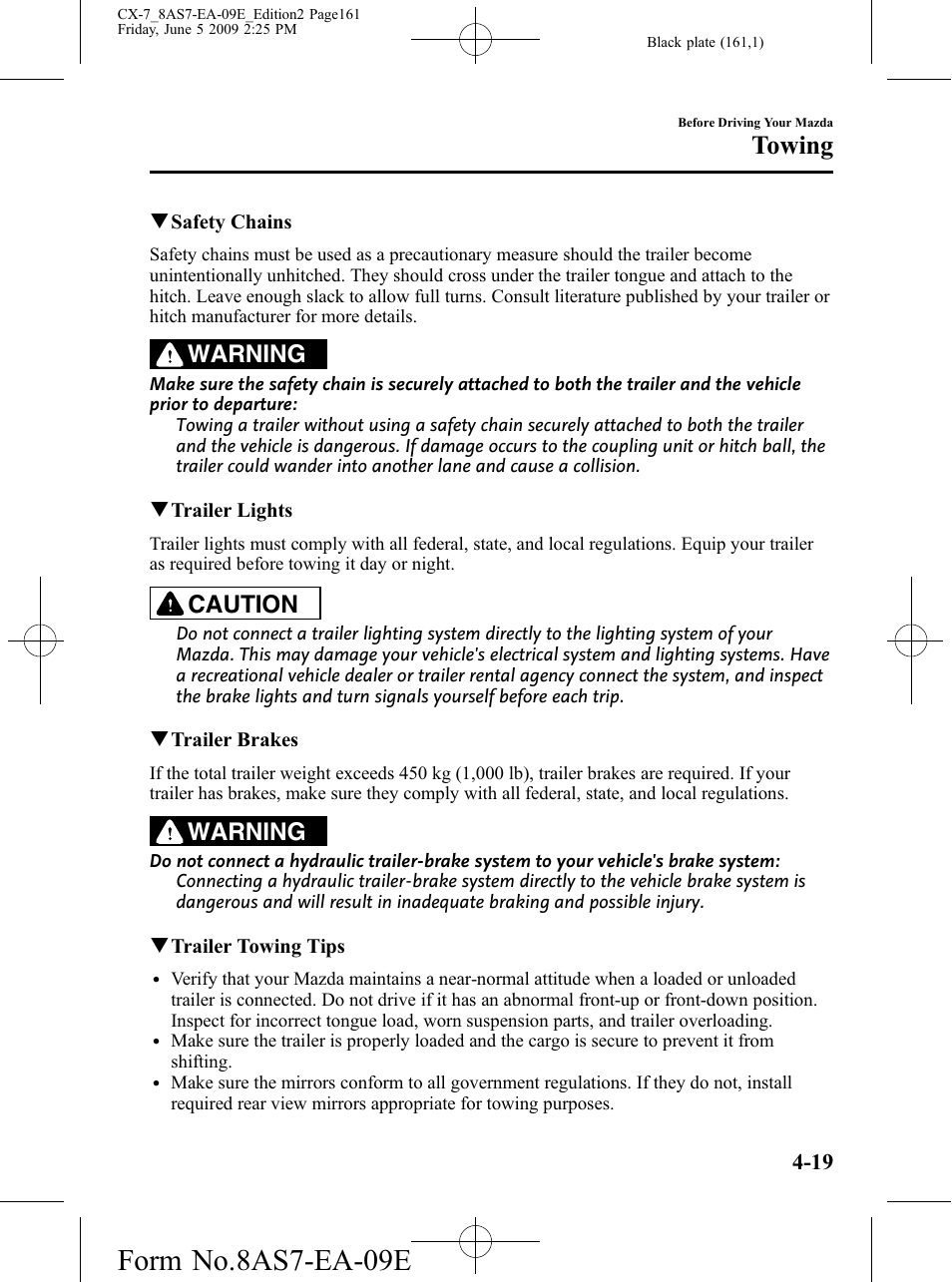 Form no.8as7-ea-09e, Towing, Warning | Caution | Mazda 2010 CX-7 User Manual | Page 161 / 510